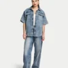 Womens denim short sleeve shirt Womens denim short sleeve shirt